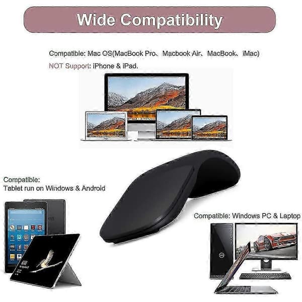 Ergonomisk foldbar trådløs mus slank, bærbar til Microsoft Arc Touch BLACK