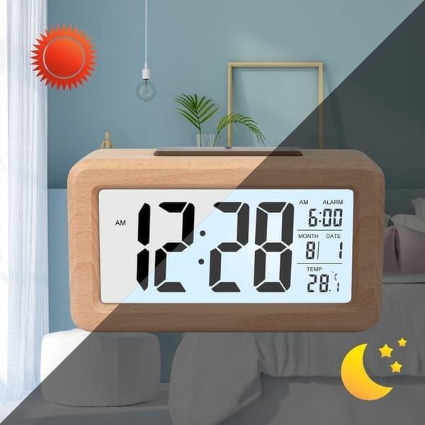 Digital väckarklocka i trä Stor display Temp Datum Nattlampa Snooze Tyst sovrum [Ho]