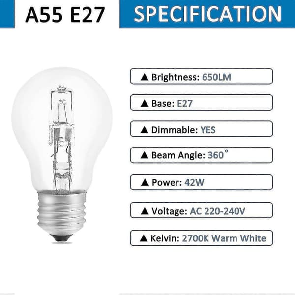Halogenpære E27 A55 42w Dimbar, Ac220-240v, 650lm Varmhvit 2700k, Transparent E27 Halogenkule
