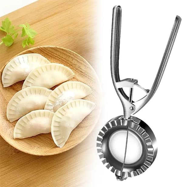 Dumplingfremstillingsværktøj i rustfrit stål, håndlavede køkken- og bagegadgets, professionel sølv dumplingform med riflet kant. [Ho]