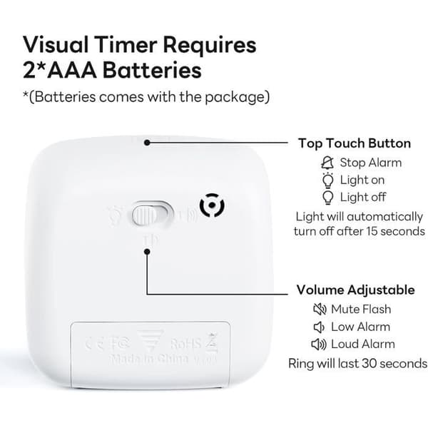 60-minutters visuel timer, hvid farvet skive, lydløs nedtællingstimer, flashalarm, tidsstyring