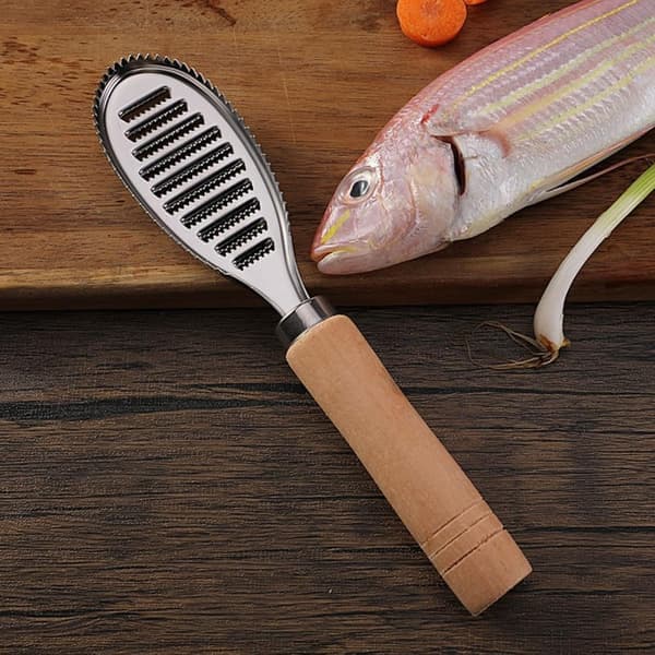 Fiskeskraber i rustfrit stål med træhåndtag og ingefær-/hvidløgsrive [Ho]