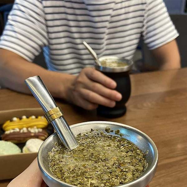 Matekop, Mattekop-sæt, Rustfrit Stål Krus, med Rustfrit Stål Sugerør og Rensebørste, til Mat-te, Kaffe (Grå)(Ho)
