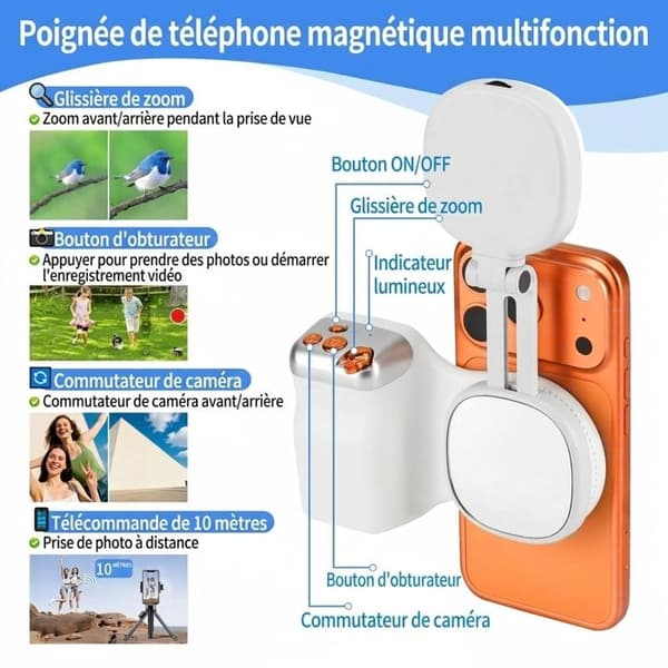 Magnetiskt smartphonegrepp med selfielampa (iPhone & Android) och trådlös utlösare