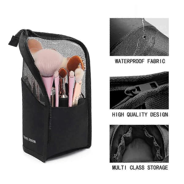 Make-up børstetaske Halvgennemsigtig stående lynlåspung (sort)
