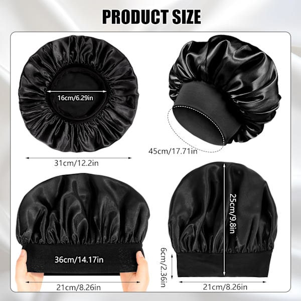 Satin hårstylinghætte til natten, elastisk silkehårplejehætte sort black