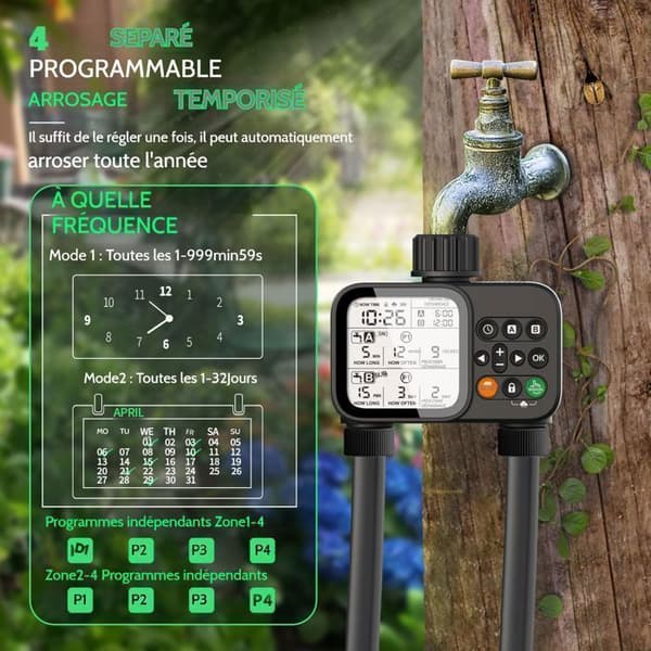 2-zons bevattningstimer - 8 program, stor 3,3\" LCD-skärm, automatisk fördröjd regnfunktion. För trädgård, gräsmatta, växter