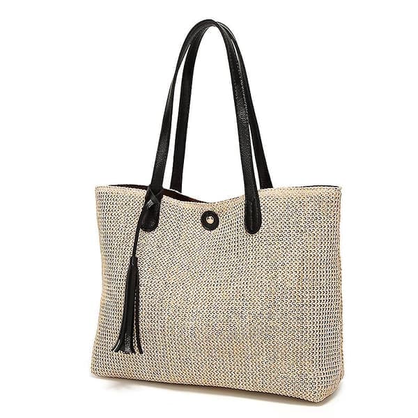Strå strandtaske til kvinder, skuldertaske, sommerhåndtaske, sort