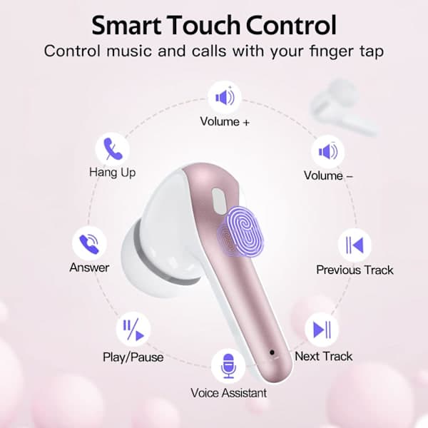 True Wireless Bluetooth-hörlurar – 60 timmars speltid, LED-strömdisplay, trådlöst laddningsfodral, IPX5 – Rosa Pink