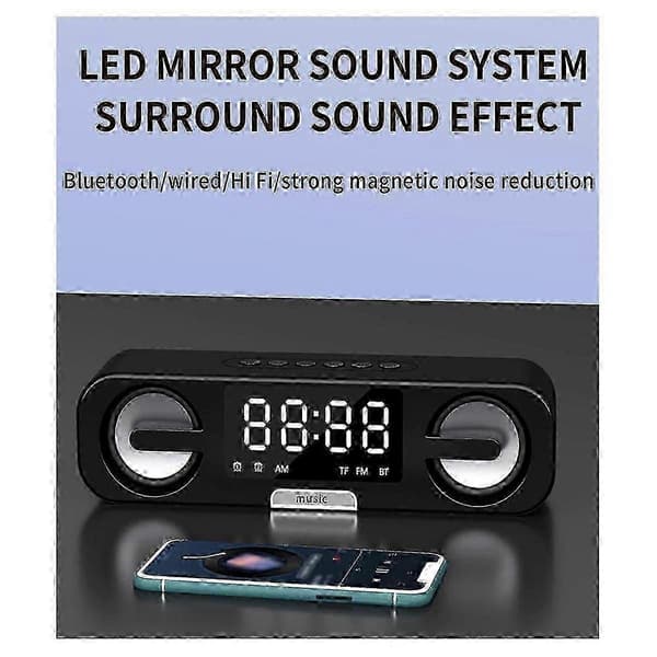 Smart Clock Bluetooth-højttaler, LED HD-spejl, FM-radiofunktion, multifunktionel afspilning Bluetooth-lyd