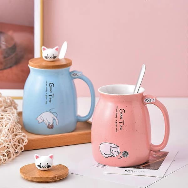 Kattmugg Keramisk Kaffemugg Tekopp med Lock Sked Söta Coola Preppy Saker Presenter till Kvinnor