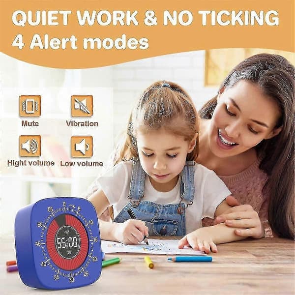 Visuel Timer til Børn, Digital Timer med 60-minutters Nedtælling, Lydløs Timer til Skrivebordstimerur til