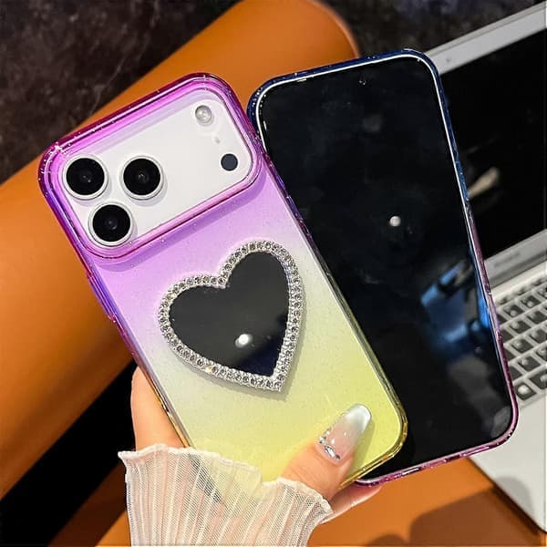 For iPhone 17 Pro-deksel Glitter Dobbeltfarget PC + TPU Klart Telefondeksel med Hjerteformet Speil A
