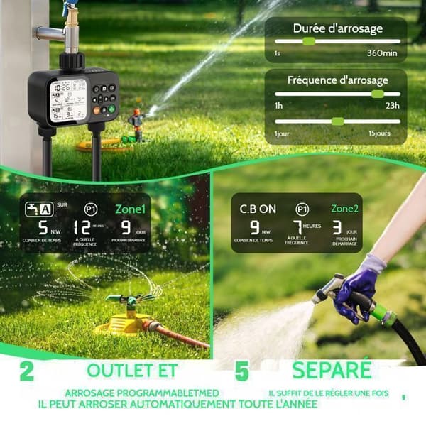 2-zons bevattningstimer - 8 program, stor 3,3\" LCD-skärm, automatisk fördröjd regnfunktion. För trädgård, gräsmatta, växter
