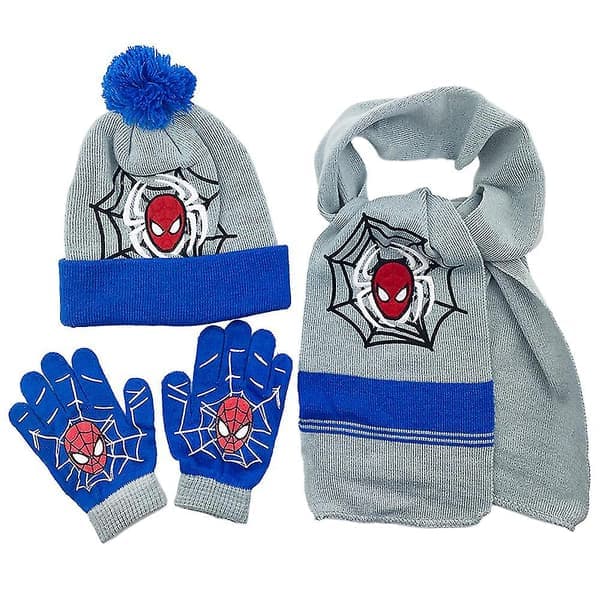 3 st barn pojkar flickor Spiderman mössa halsduk vantar Spider-man höst vinter varm stickad set 3-8 år [DB] Grå Blå Grey Blue
