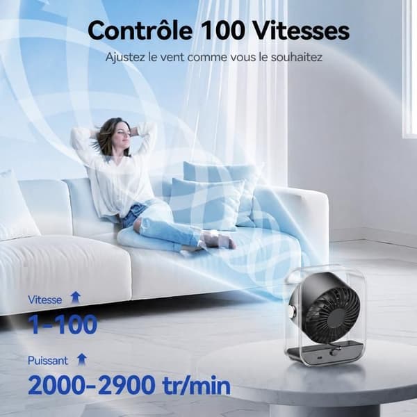 Genopladelig USB-bordventilator, støjsvag, turbo-luftstrøm, 100 hastigheder, digitalt display, 90° rotation – sort