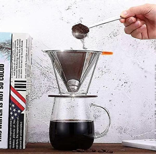 Gjenbrukbart kaffedryppfilter i rustfritt stål, espressodrypper i netting, kaffedrypper med stativ (1 stk, sølv)