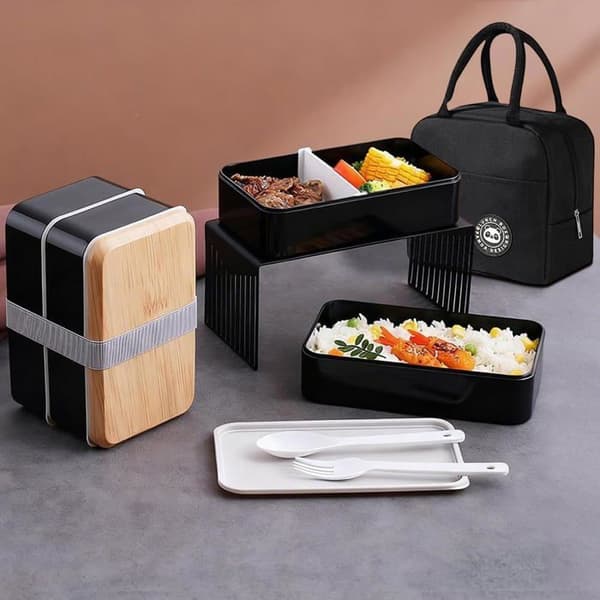 1400 ml Bento Box - 2 lag - Fødevaregodkendt PP - Mikrobølgesikker - Skole/Arbejde - Sort