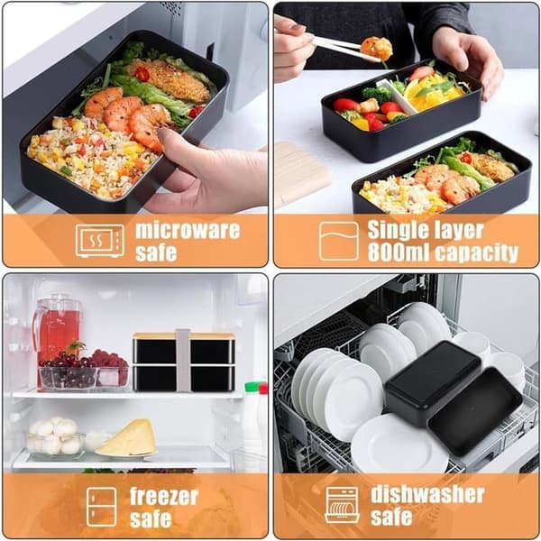 1400 ml Bento Box - 2 lag - Fødevaregodkendt PP - Mikrobølgesikker - Skole/Arbejde - Sort
