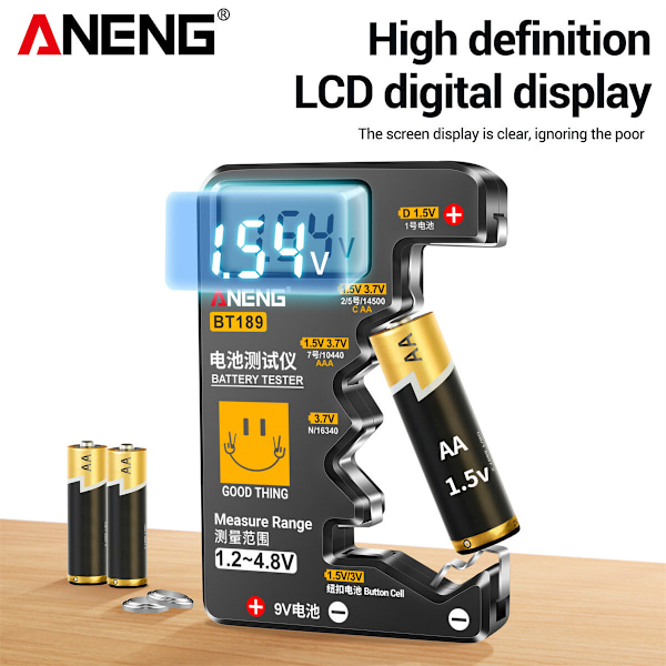 ANENG BT189 Digital Batteritestare LCD-Display AA AAA 9V 1.5V 3V Knappcellsbatteri Kapacitetskontroll Lastanalysator