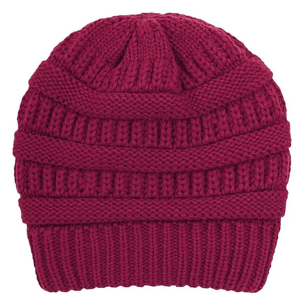 Varm stickad vintermössa med satin-foder, kabelstickad beanie, tjock slouchy skull cap för damer, vinröd