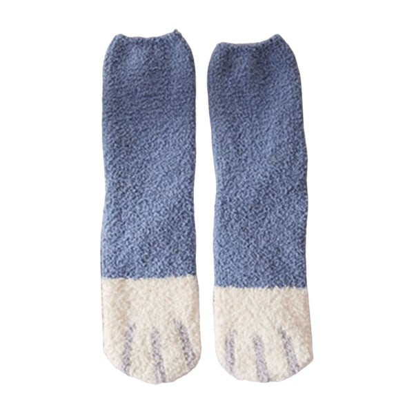 1 par golvstrumpor Cat Paw Fuzzy Mid-calf Thickened Stretchy Keep Blue - White