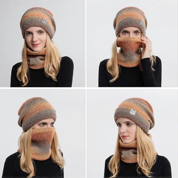 Vintermössa stickad mössa med halsduk dam varm mössa beanie höst vinter halsduk och mössa set 56-60CM, kostym gradvis orange