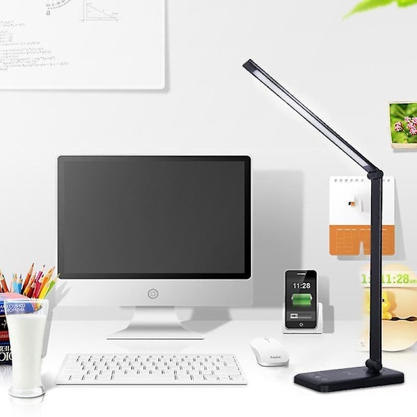 LED Skrivbordslampa, Dimbar Bordslampa, Stöd för Trådlös Laddning av Mobiltelefon, Touchkontroll Ögonskydd