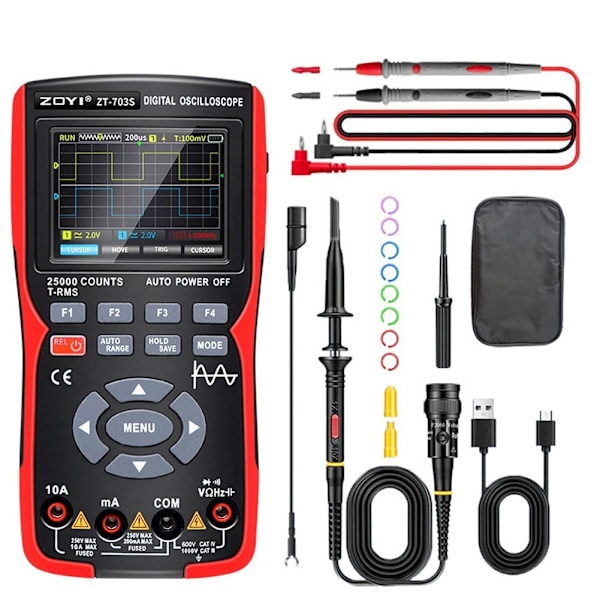 ZOYI 703S 3-i-1 Dubbelkanal 50MHZ Bandbredd Handhållet Oscilloskop Multimeter Generator 280MSa s Hög Samplingsfrekvens Professionellt Oscilloskop 25000 Räkning