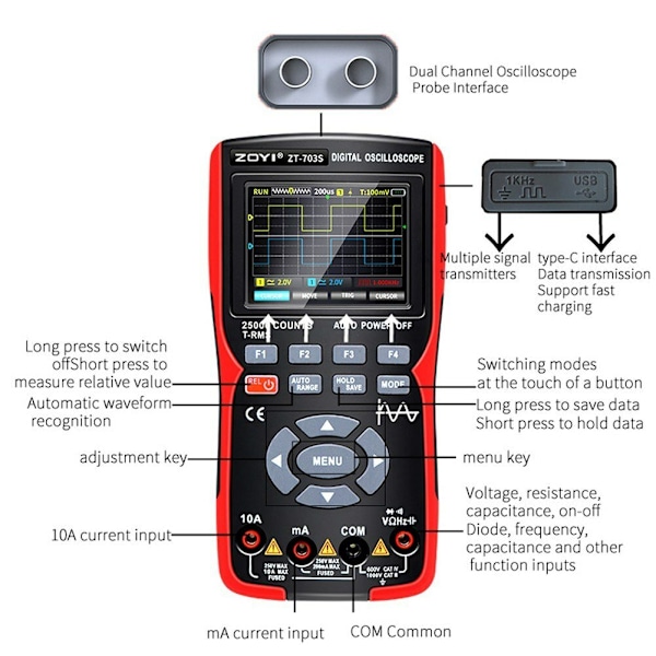 ZOYI 703S 3-i-1 Dubbelkanal 50MHZ Bandbredd Handhållet Oscilloskop Multimeter Generator 280MSa s Hög Samplingsfrekvens Professionellt Oscilloskop 25000 Räkning