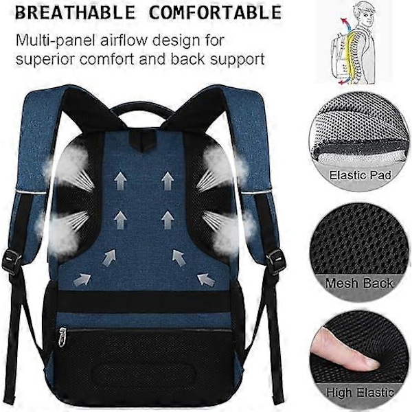 Laptopryggsäck med USB-laddning & Hörlursport, Stöldskydd Business Laptop Ryggsäck med Andningsbar Vadderad Axelrem Blå