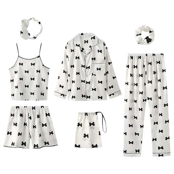 7 Delar Dam Pyjamas Set Faux Siden Pyjamas Dam Pyjamas Sovkläder Set Vår Sommar Hemmakläder Nattkläder Set Dam Bekväm Bomull GåvaXLstyle2