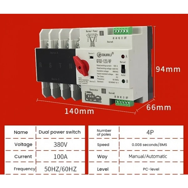Dubbel Ström Automatisk Omkopplare 4P Millisekunds Omkoppling Konstant Strömförsörjning Generator Omkopplare AC400V