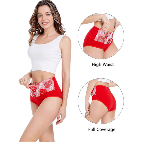 Högmidjade trosor för damer med rosor, bomullstrosor, underkläder med full täckning, plus size multipack (XL) röd