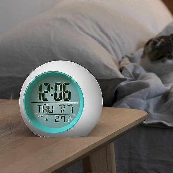 Färgglad Glödande Bakgrundsbelysning Rund LED Väckarklocka Termometer Kalender Display Väckning Elektronisk Klocka