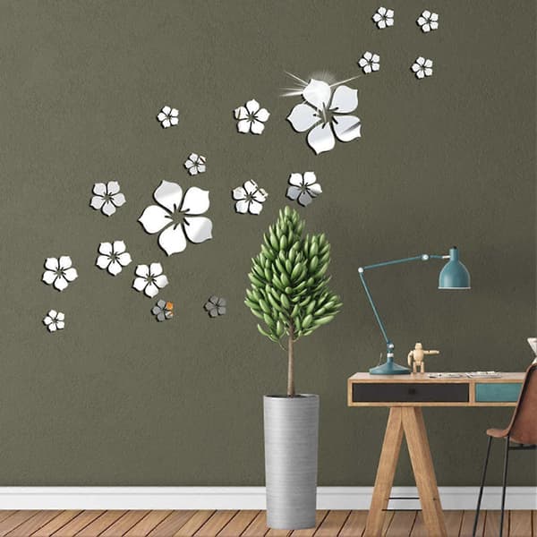 18 stycken 3D blomsterspegel väggdekorationer för sovrum vardagsrum väggdekoration silver