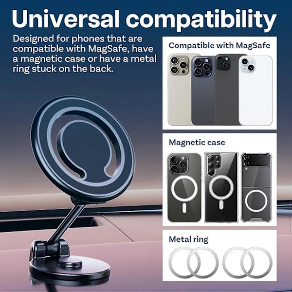 Magnetisk biltelefonhållare - 360 graders rotation, stark magnet, hopfällbar, för bilens instrumentbräda, för iPhone 16/15-serien, Samsung etc.