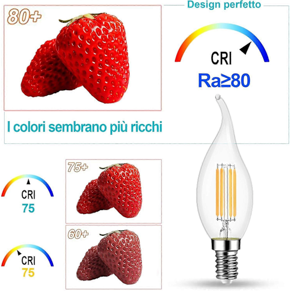 10-pack 4W LED Filamentlampa E14 470LM Flamljus Kallvitt 6000K, Ej Dimbar, 360 Graders Ljusvinkel
