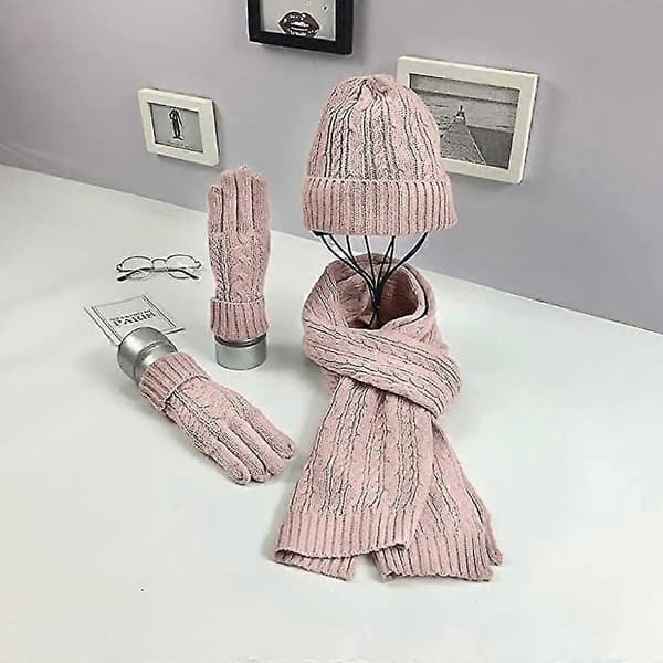 3-delat vinterset: Loop-scarf, stickad mössa, handskar