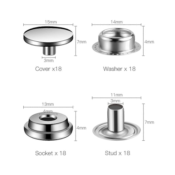 12 st Tryckknappar Hattknapp, Rostfritt Stål Snäppfästen Kit med Handverktyg, Omedelbara Metallknappar Inga Sömnadsklämmor Snäpp för Kläder