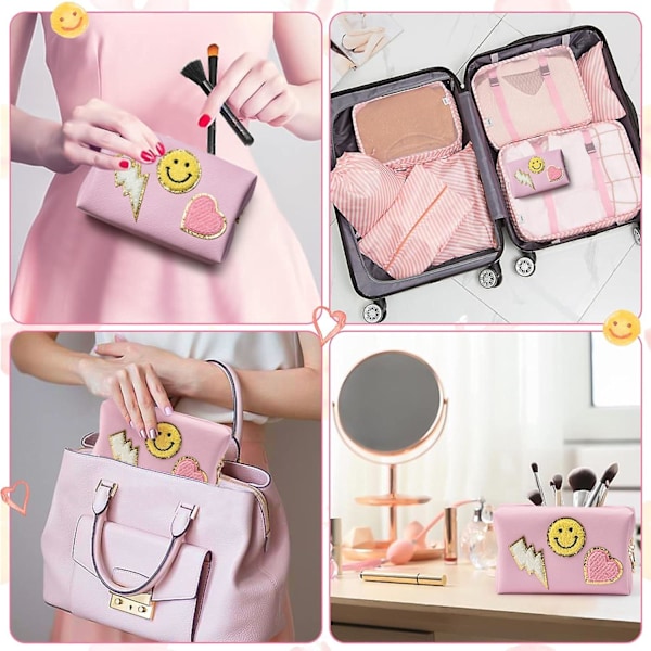 Preppy Patch Liten Toalettväska Smile Lightning Heart PU Läder Portabel Vattentät Smink Kosmetisk