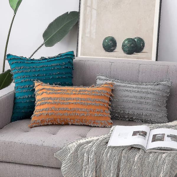 Set med 2 dekorativa Boho prydnadskuddar Linne Randigt Jacquard Mönster Kuddfodral för Soffa Vardagsrum Sovrum 30x50 cm Ljusgrå