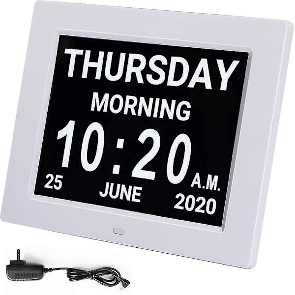 Digital Kalender Alarm Dagklocka med 8\" Stor Skärm, Förmiddag/Eftermiddag, 5 Alarm, Demensklockor LED Elektronisk Bordskalender Äldre Alarmklocka Perpet