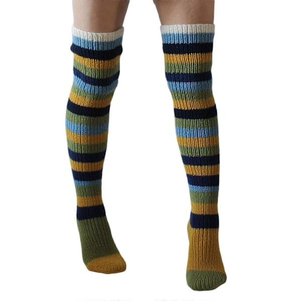 Damstickade strumpor för vuxna Höst Vinter Casual Stil Blandade Färger Ränder Knähöga Strumpor Långa Strumpor gulrandiga