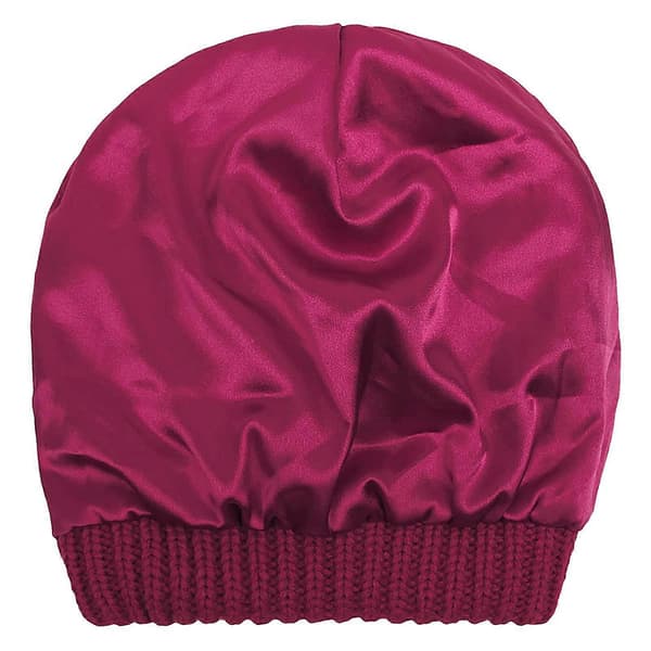 Varm stickad vintermössa med satin-foder, kabelstickad beanie, tjock slouchy skull cap för damer, vinröd