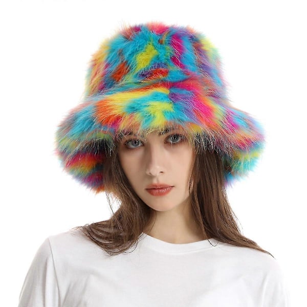 Elegant Fluffig Kvinnors Hinkhatt Vinter Faux Päls Fuzzy Varm Mössa Hatt Blandade Färger Plysch Fiskarehatt Justerbar, färgglad