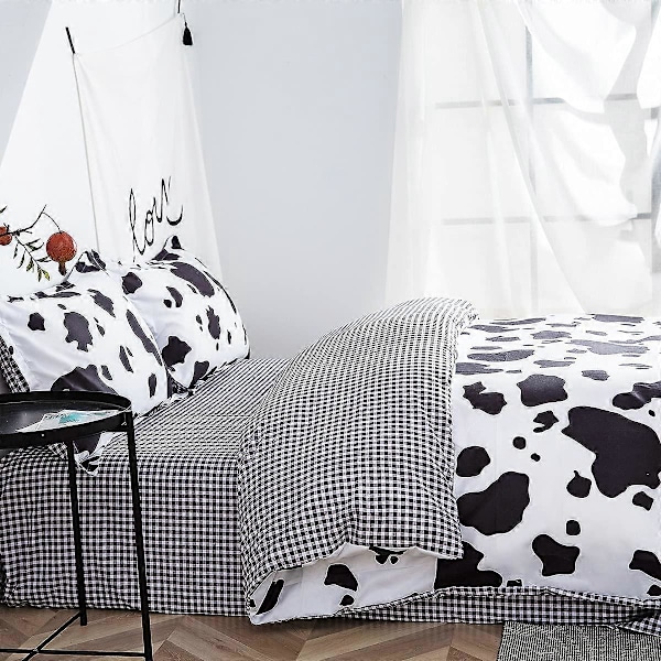 Täcke Set Singel, 3-Delat Ko-Print Sängkläder Set Söt Djurtryck Täcke Set Vändbar Mjuk Quiltöverdrag med 2 Kuddfodral (2m)