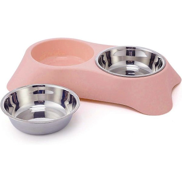 Dubbel Hundskål, Halkfri Spillfri Dubbelskål i Rostfritt Stål med 1 Matningsskopa för Små Hundar och Katter (M, Rosa)