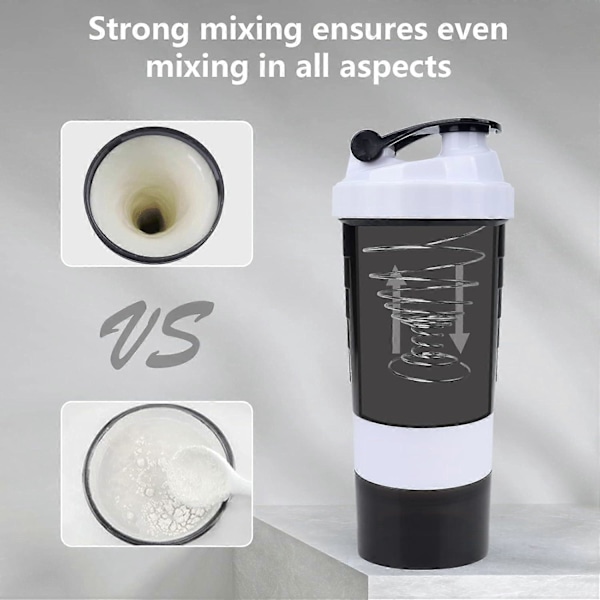 Protein shaker flaska 470ml shaker flaska för proteinshakes, protein shaker med förvaring och mixboll, 3-lagers läckagesäker proteinflaska