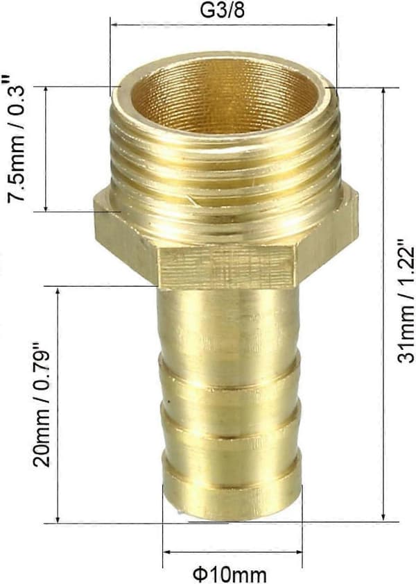 5 st Mässing Slangkoppling 10mm Barb x G3/8 Hankontakt Adapter